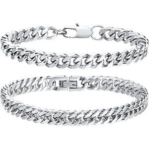 Cuban Link Chain Bracelet Set Stainless Steel Men Women Adjustable 2 Pack